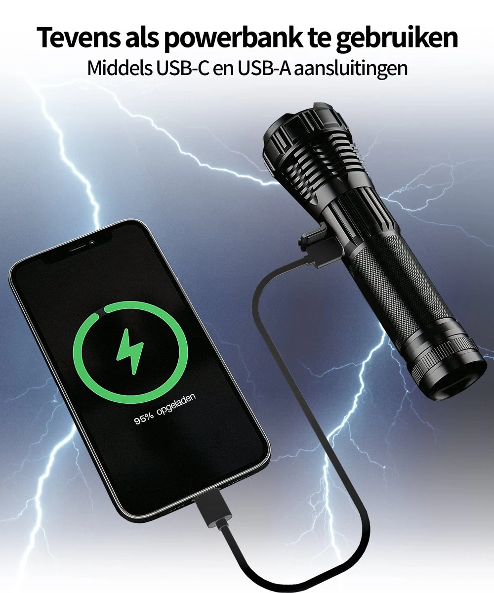 TomorrowNow® XHP50 Oplaadbare LED Zaklamp - USB-C + USB-A - 3.000 Lumen - Powerbank Functie - Battery Management System - Waterdicht 2 TomorrowNow® XHP50 Oplaadbare LED Zaklamp - USB-C + USB-A - 3.000 Lumen - Powerbank Functie - Battery Management System - Waterdicht - Afbeelding 2