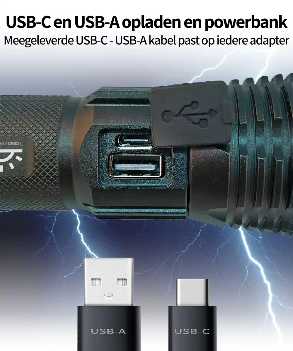 TomorrowNow® XHP50 Oplaadbare LED Zaklamp - USB-C + USB-A - 3.000 Lumen - Powerbank Functie - Battery Management System - Waterdicht 3 TomorrowNow® XHP50 Oplaadbare LED Zaklamp - USB-C + USB-A - 3.000 Lumen - Powerbank Functie - Battery Management System - Waterdicht - Afbeelding 3