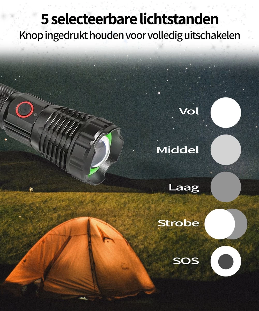 TomorrowNow® XHP50 Oplaadbare LED Zaklamp - USB-C + USB-A - 3.000 Lumen - Powerbank Functie - Battery Management System - Waterdicht 8 TomorrowNow® XHP50 Oplaadbare LED Zaklamp - USB-C + USB-A - 3.000 Lumen - Powerbank Functie - Battery Management System - Waterdicht - Afbeelding 8