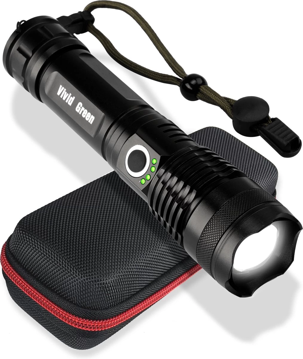 Vivid Green Militaire LED Zaklamp - Oplaadbaar - 2500 Lumen - 5000mAh - Zwart 1 Vivid Green Militaire LED Zaklamp - Oplaadbaar - 2500 Lumen - 5000mAh - Zwart