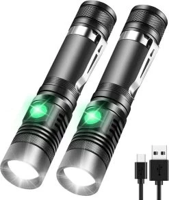 Qtronic Zaklamp LED Oplaadbaar Met Zoomfunctie - 2-pack - Militaire Zaklamp - Waterdicht - USB Oplaadbaar (inclusief Oplaadkabel & Batterijen).