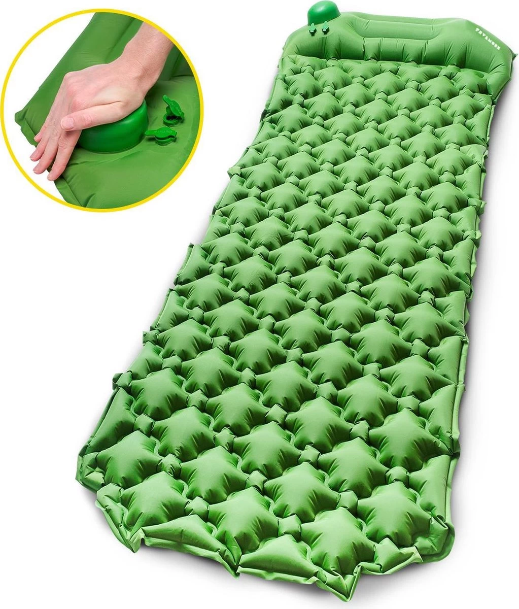 TRVLMORE Slaapmat - Zelfopblazend - 1 Persoons - Ingebouwde Pomp En Kussen - Groen 1 TRVLMORE Slaapmat - Zelfopblazend - 1 Persoons - Ingebouwde Pomp En Kussen - Groen