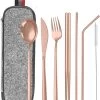 House Of Husk Reisbestek - Reis Bestekset - Chopsticks - Metalen Rietjes Met Borstel - Lepel - Vaatwasserbestendig - RVS - 7 Delig - Rose Goud