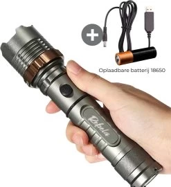 Rebela | Zaklamp Led Oplaadbaar | Flashlight | Aluminium | Waterproof | Inclusief Oplaadbare Batterij | High-Mid-Low-Strobe-SOS | T6 LED Police Flashlight