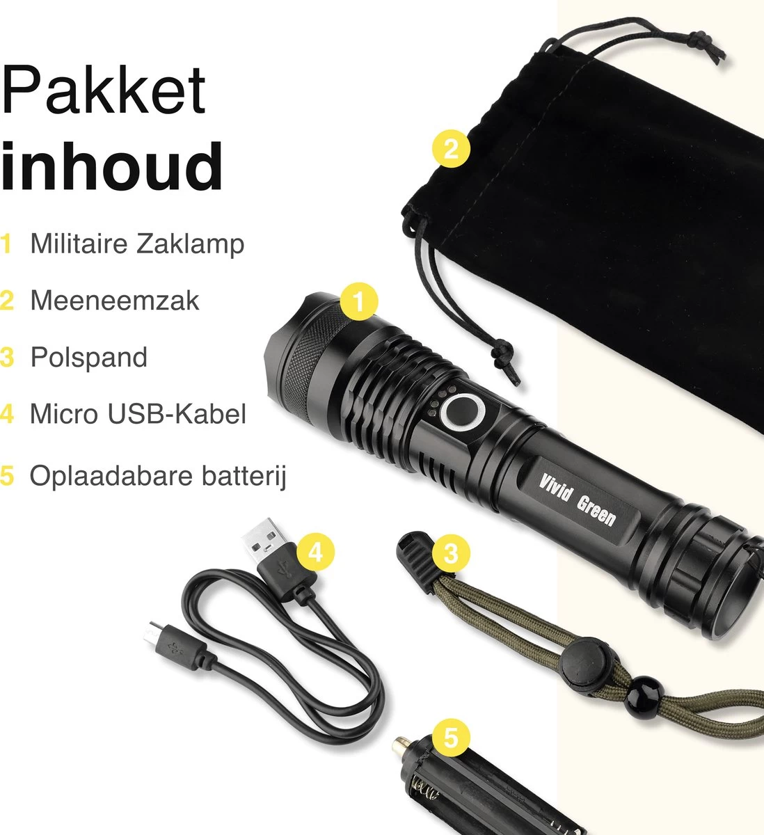 Vivid Green Militaire LED Zaklamp - Oplaadbaar - 2500 Lumen - 5000mAh - Zwart 7 Vivid Green Militaire LED Zaklamp - Oplaadbaar - 2500 Lumen - 5000mAh - Zwart - Afbeelding 7