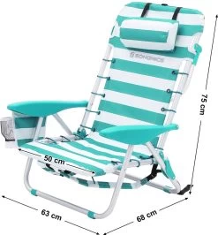 Strandstoel Met Afneembare Hoofdsteun, Draagbare Klapstoel, Campingstoel, Rugleuning Tot 180° Verstelbaar, Met Bekerhouder En Zijvak, Groene En Witte Strepen GCB62JW -Kampeerclub 1113x1200
