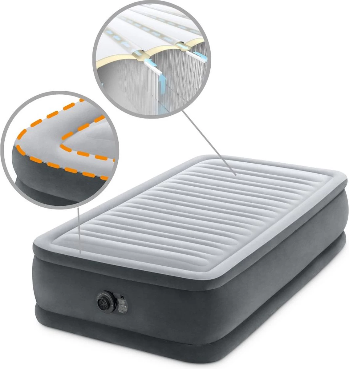 Intex Luchtbed - 1-Persoons - 99 X 191 X 46 Cm - Grijs - Met Ingebouwde Pomp, Hoeslaken Wit En Reparatieset 3 Intex Luchtbed - 1-Persoons - 99 X 191 X 46 Cm - Grijs - Met Ingebouwde Pomp, Hoeslaken Wit En Reparatieset - Afbeelding 3