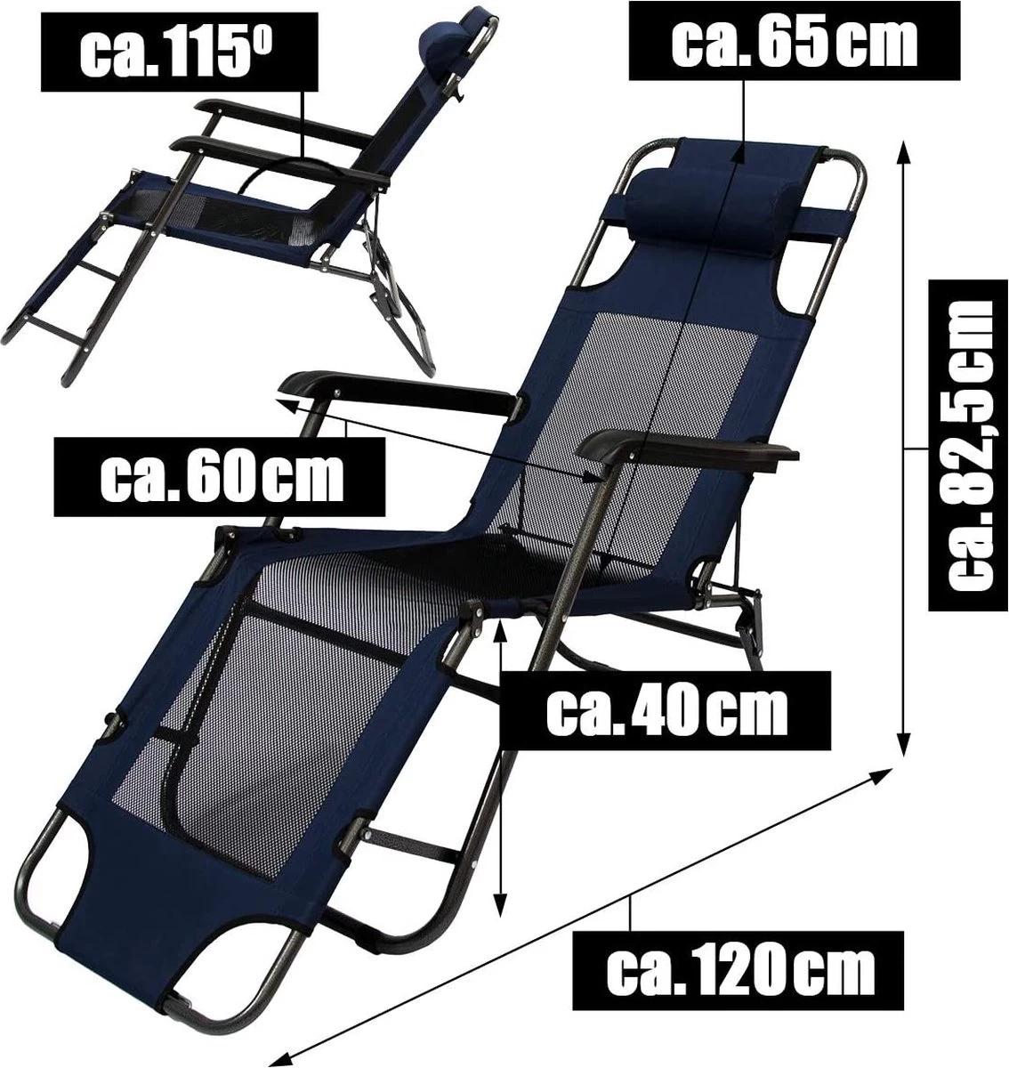 Ligstoel 155x60cm - Opvouwbaar Campingstoel Ligbed Strandstoel Tuinstoel Vouwligstoel Blauw 19 Ligstoel 155x60cm - Opvouwbaar Campingstoel Ligbed Strandstoel Tuinstoel Vouwligstoel Blauw - Afbeelding 19