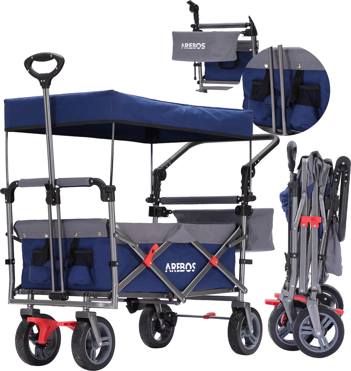 AREBOS Premium Steekwagen Met Dak Opvouwbare Tuinkar Handkar Bolderkar Blauw / Grijs 1 AREBOS Premium Steekwagen Met Dak Opvouwbare Tuinkar Handkar Bolderkar Blauw / Grijs