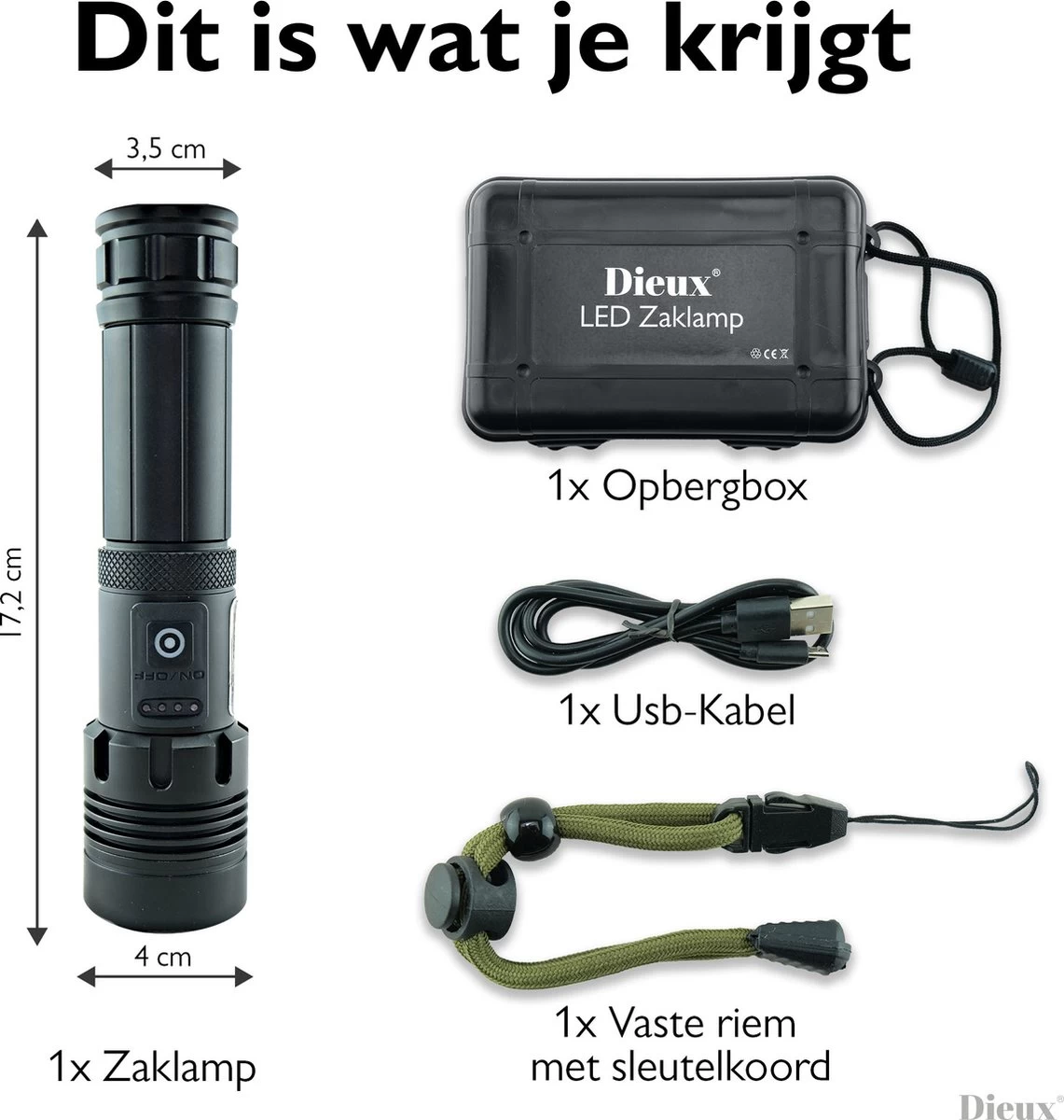 Dieux - Militaire Led Zaklamp - Oplaadbaar - IP44 Waterdicht En Schokbestendig - 7 Lichtstanden - Opbergbox - Outdoor Kamperen - Survival - Gadgets - Pasen 7 Dieux - Militaire Led Zaklamp - Oplaadbaar - IP44 Waterdicht En Schokbestendig - 7 Lichtstanden - Opbergbox - Outdoor Kamperen - Survival - Gadgets - Pasen - Afbeelding 7