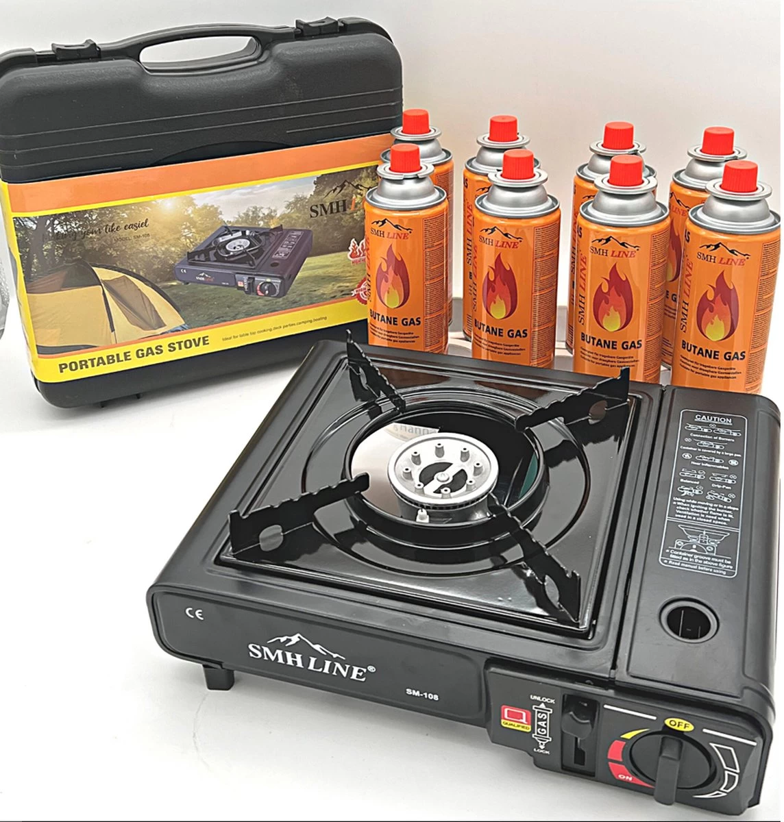 Camping Kooktoestel - Draagbaar Gasfornuis - Incl. 8x Gasflessen En Koffer 1 Camping Kooktoestel - Draagbaar Gasfornuis - Incl. 8x Gasflessen En Koffer