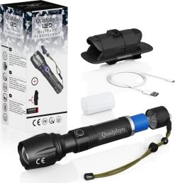 Militaire Zaklamp LED Oplaadbaar USB - 3000 Lumen - Holster - 3000 MAh Batterij - Aanpasbare Zoom - 5 Lichtmodi - IP65 Spatwaterdicht - Zwart -Kampeerclub 1146x1200 12