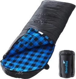 Skandika Dundee Flannel-L Slaapzak – Mummmieslaapzakken – Slaapzakken Volwassen - Maat M – Unisex - Katoen, Luxe Kwaliteit, Dubbele Slaapzak, 3 Seizoenen, Tot -20°C - 220 X 80 Cm - Outdoor Kampeerslaapzak – Ritssluiting Links - Zwart/blauw