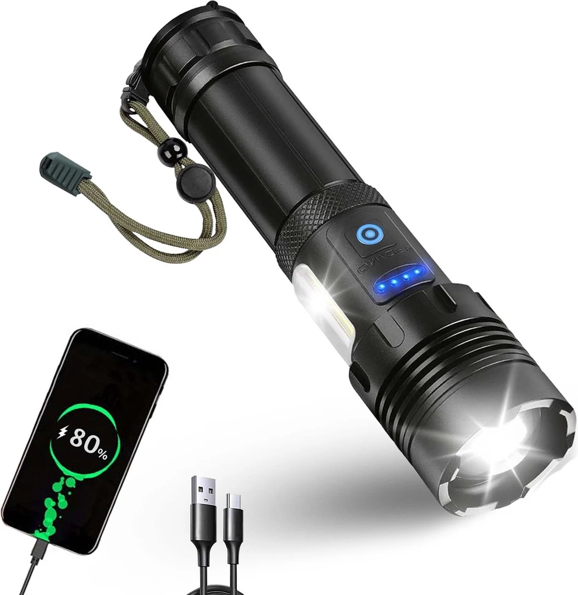 Dieux - Militaire Led Zaklamp - Oplaadbaar - IP44 Waterdicht En Schokbestendig - 7 Lichtstanden - Opbergbox - Outdoor Kamperen - Survival - Gadgets - Pasen 1 Dieux - Militaire Led Zaklamp - Oplaadbaar - IP44 Waterdicht En Schokbestendig - 7 Lichtstanden - Opbergbox - Outdoor Kamperen - Survival - Gadgets - Pasen