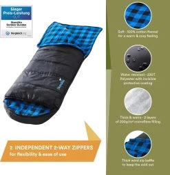 Skandika Dundee Flannel-L Slaapzak – Mummmieslaapzakken – Slaapzakken Volwassen - Maat M – Unisex - Katoen, Luxe Kwaliteit, Dubbele Slaapzak, 3 Seizoenen, Tot -20°C - 220 X 80 Cm - Outdoor Kampeerslaapzak – Ritssluiting Links - Zwart/blauw -Kampeerclub 1168x1200 4