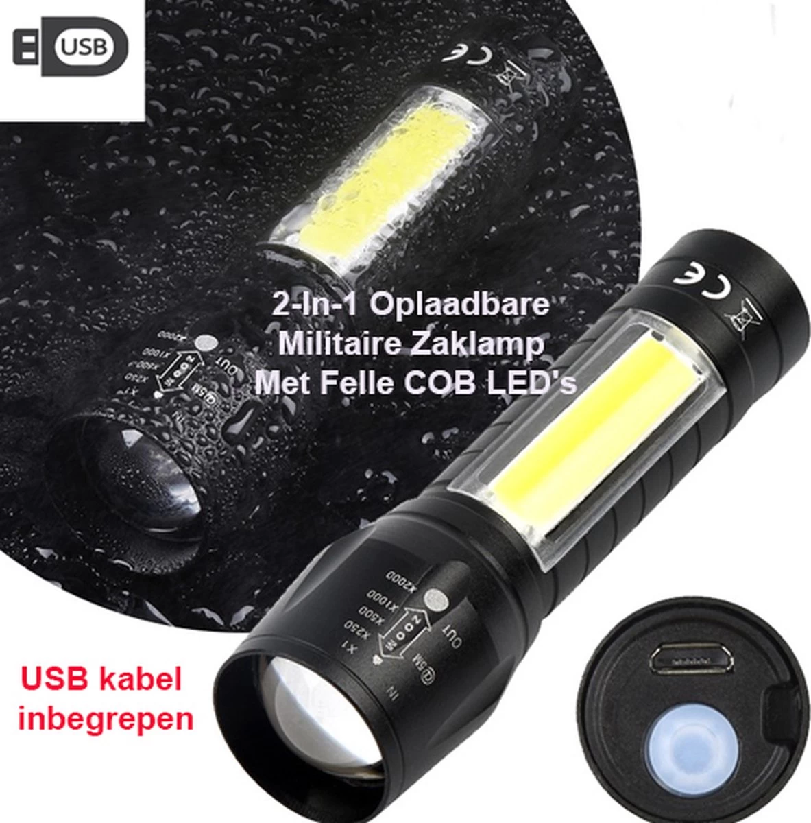 2-Stuks USB Oplaadbare Militaire Tactical Led Zaklamp Duo COB Li-ion 5W 3 2-Stuks USB Oplaadbare Militaire Tactical Led Zaklamp Duo COB Li-ion 5W - Afbeelding 3