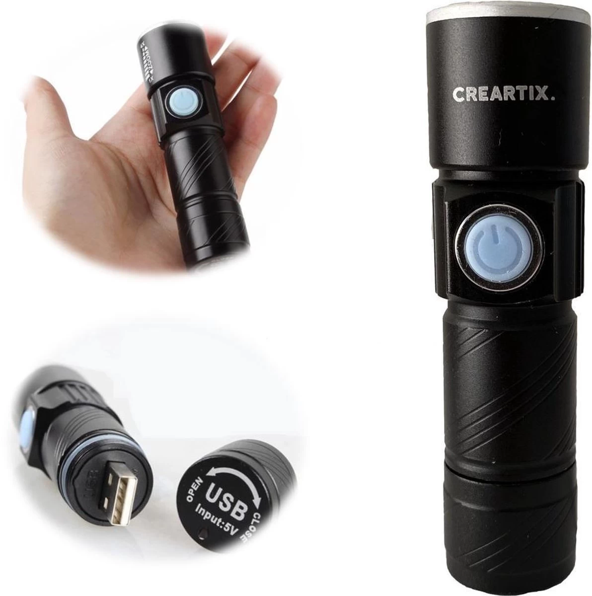 Creartix - Oplaadbare USB LED-zaklamp - Herlaadbare Flashlight Waterproof - 800 Lumen - Met Zoom - Waterbestendig - Zwart 1 Creartix - Oplaadbare USB LED-zaklamp - Herlaadbare Flashlight Waterproof - 800 Lumen - Met Zoom - Waterbestendig - Zwart