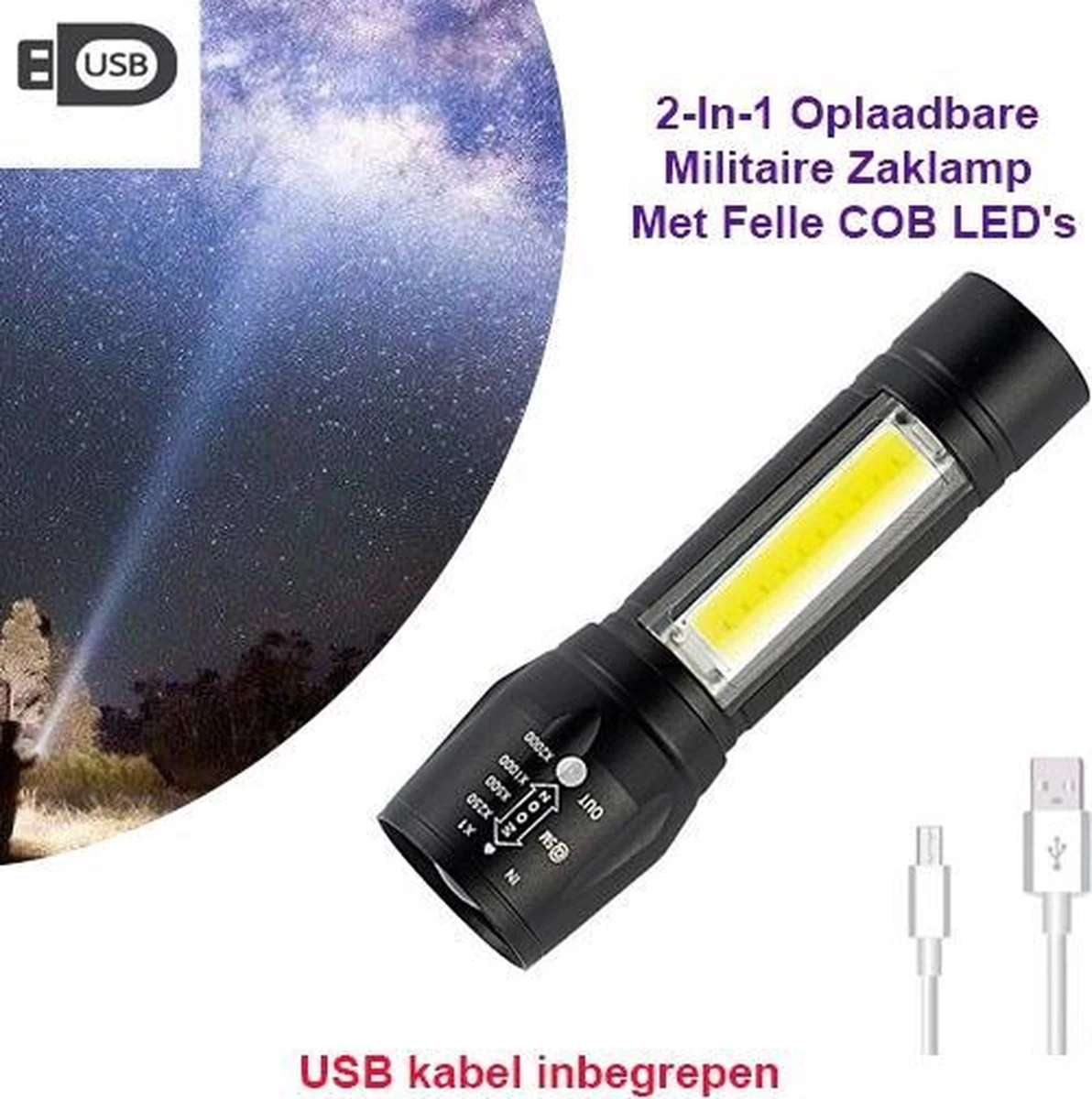 2-Stuks USB Oplaadbare Militaire Tactical Led Zaklamp Duo COB Li-ion 5W 1 2-Stuks USB Oplaadbare Militaire Tactical Led Zaklamp Duo COB Li-ion 5W