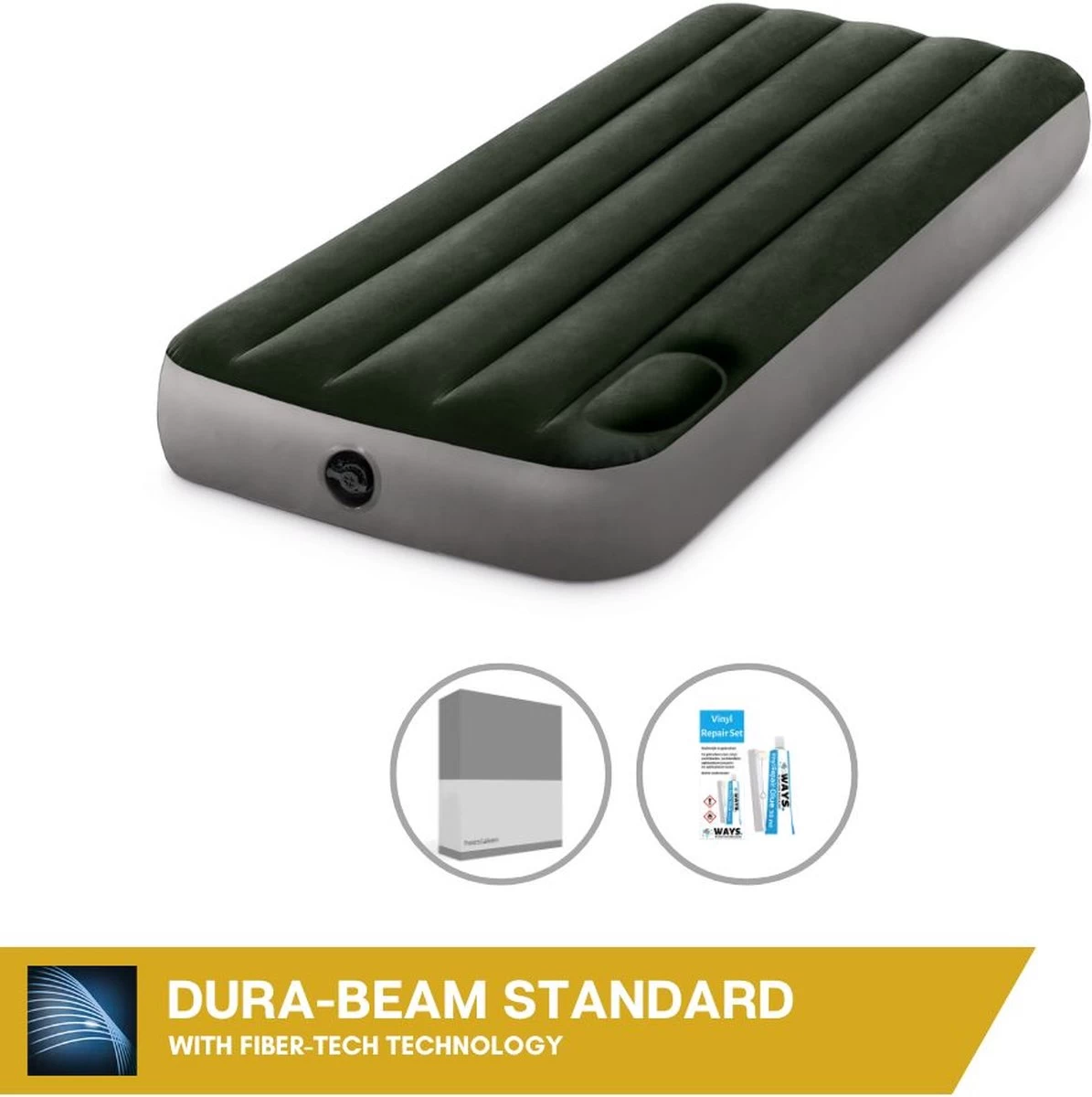 Intex Luchtbed - 1-Persoons - 76 X 191 X 25 Cm - Groen - Met Ingebouwde Voetpomp + Hoeslaken Antraciet + Reparatieset 1 Intex Luchtbed - 1-Persoons - 76 X 191 X 25 Cm - Groen - Met Ingebouwde Voetpomp + Hoeslaken Antraciet + Reparatieset