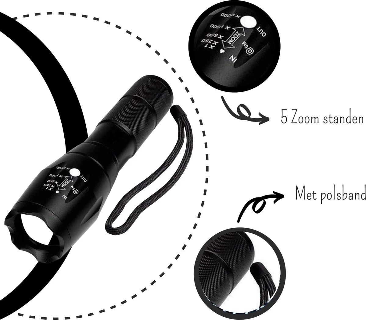 Merkloos Professionele 1000 Lumen LED Zaklamp Met Zoomfunctie 5 Merkloos Professionele 1000 Lumen LED Zaklamp Met Zoomfunctie - Afbeelding 5