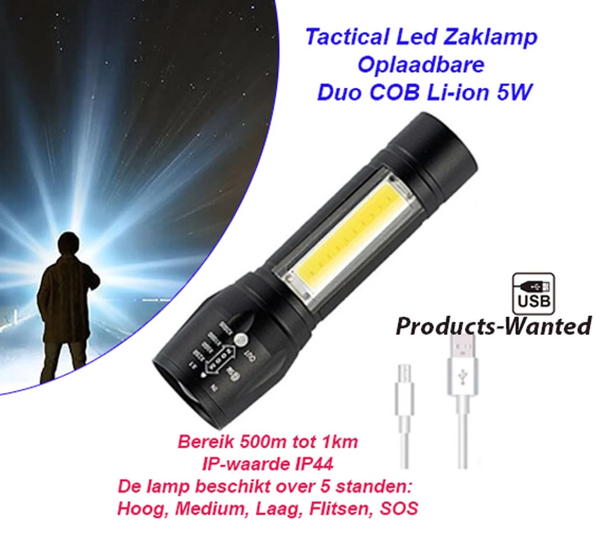 2-Stuks USB Oplaadbare Militaire Tactical Led Zaklamp Duo COB Li-ion 5W 2 2-Stuks USB Oplaadbare Militaire Tactical Led Zaklamp Duo COB Li-ion 5W - Afbeelding 2