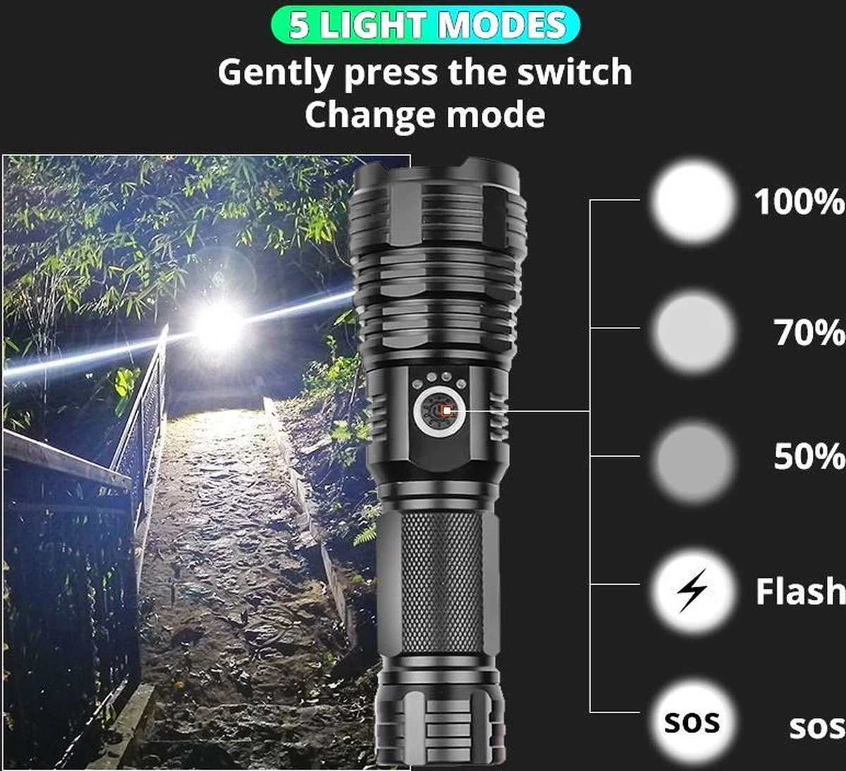 Merkloos Led-zaklamp 15000, Lumen 4200 XHP70.4 PROFESSIONAL-XLED - Oplaadbaar USB Zoeklicht - CE Gekeurd. 3 Merkloos Led-zaklamp 15000, Lumen 4200 XHP70.4 PROFESSIONAL-XLED - Oplaadbaar USB Zoeklicht - CE Gekeurd. - Afbeelding 3