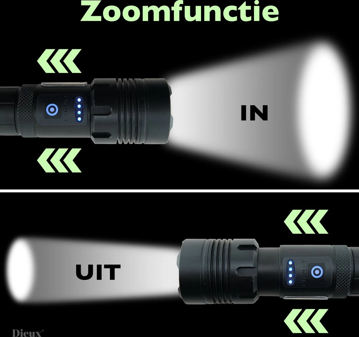 Dieux - Militaire Led Zaklamp - Oplaadbaar - IP44 Waterdicht En Schokbestendig - 7 Lichtstanden - Opbergbox - Outdoor Kamperen - Survival - Gadgets - Pasen 5 Dieux - Militaire Led Zaklamp - Oplaadbaar - IP44 Waterdicht En Schokbestendig - 7 Lichtstanden - Opbergbox - Outdoor Kamperen - Survival - Gadgets - Pasen - Afbeelding 5