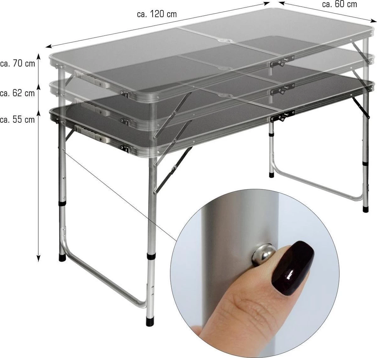 Aluminium Kampeertafel 120x60cm - Campingtafel Inklapbaar - 3-voudig Verstelbare Vouwtafel Antraciet 2 Aluminium Kampeertafel 120x60cm - Campingtafel Inklapbaar - 3-voudig Verstelbare Vouwtafel Antraciet - Afbeelding 2