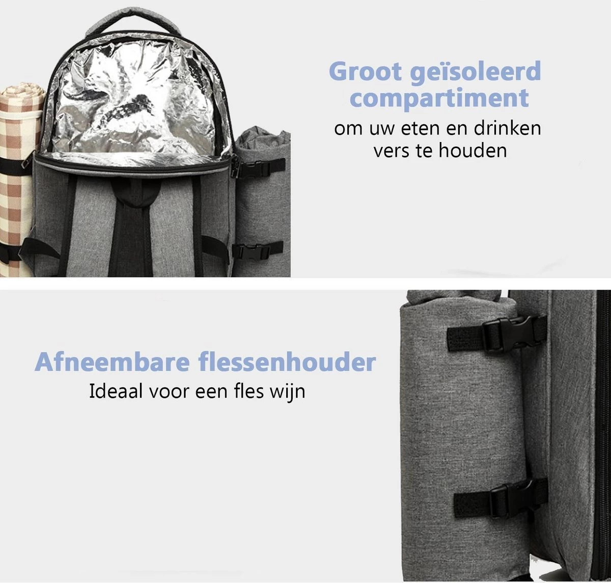Kono Koeltas - Koelrugzak - Picknick - Picknicktas Met Flessenhouder - Koelrugtas Met Picknickkleed - Grijs (E6915 GY) 3 Kono Koeltas - Koelrugzak - Picknick - Picknicktas Met Flessenhouder - Koelrugtas Met Picknickkleed - Grijs (E6915 GY) - Afbeelding 3
