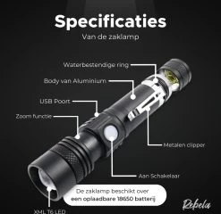 Rebela | Zaklamp Led Oplaadbaar | Flashlight Rechargeable | Waterproof Military Flashlight | Zaklamp 1200 Lumen | Inzoombaar | Oplaadbaar | Inclusief 1 Stuk Oplaadbare Batterij 18650 | Zwart -Kampeerclub 1200x1167 10