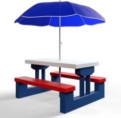 Merkloos Kinder Picknicktafel Met Parasol - Blauw -Kampeerclub 1200x1167