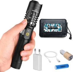 Verbeterde Militaire LED Zaklamp Incl. Opbergdoos Batterij En Diverse Laders - 1200 Lumen - Zwart