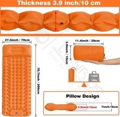 LVNRIDS Isomat, Zelfopblazend, Ultralicht, Luchtmatras, Camping, Zelfopblaasbaar, Opblaasbaar Matras, 3,9 Inch Dik, Met Voetperspomp En Kussen, Voor Camping, Reizen, Outdoor, Wandelen, Strand, Oranje -Kampeerclub 1200x1171 25