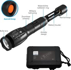 TIGIOO Zaklamp LED Oplaadbaar - 2 PACK - Incl. Oplader & Batterij & Koffertje - Zaklamp Militaire 19 TIGIOO Zaklamp LED Oplaadbaar - 2 PACK - Incl. Oplader & Batterij & Koffertje - Zaklamp Militaire -Kampeerclub 1200x1180 20