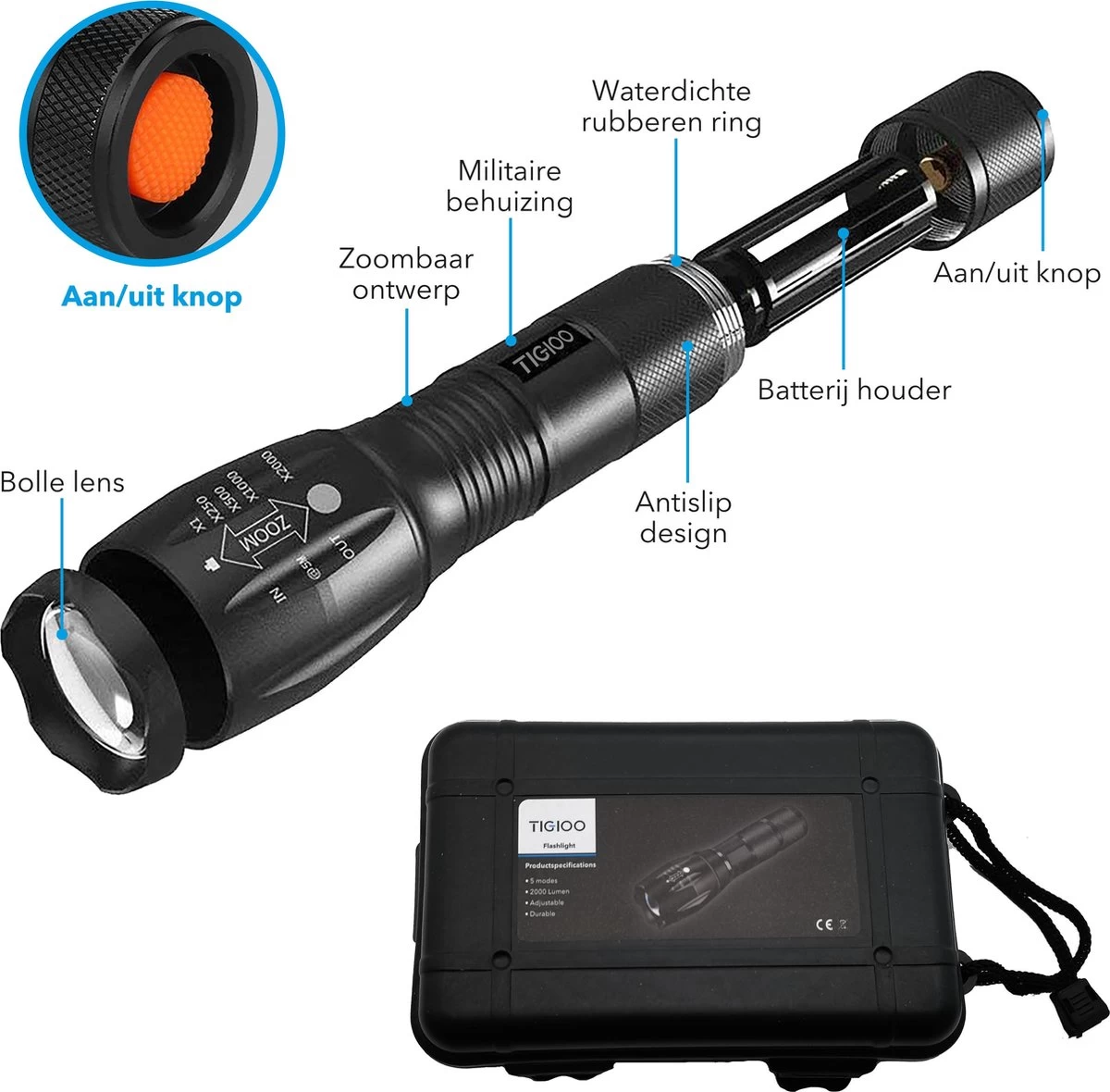 TIGIOO Zaklamp LED Oplaadbaar - Incl. Oplader & Batterij & Koffertje - Zaklamp Militaire 8 TIGIOO Zaklamp LED Oplaadbaar - Incl. Oplader & Batterij & Koffertje - Zaklamp Militaire - Afbeelding 8