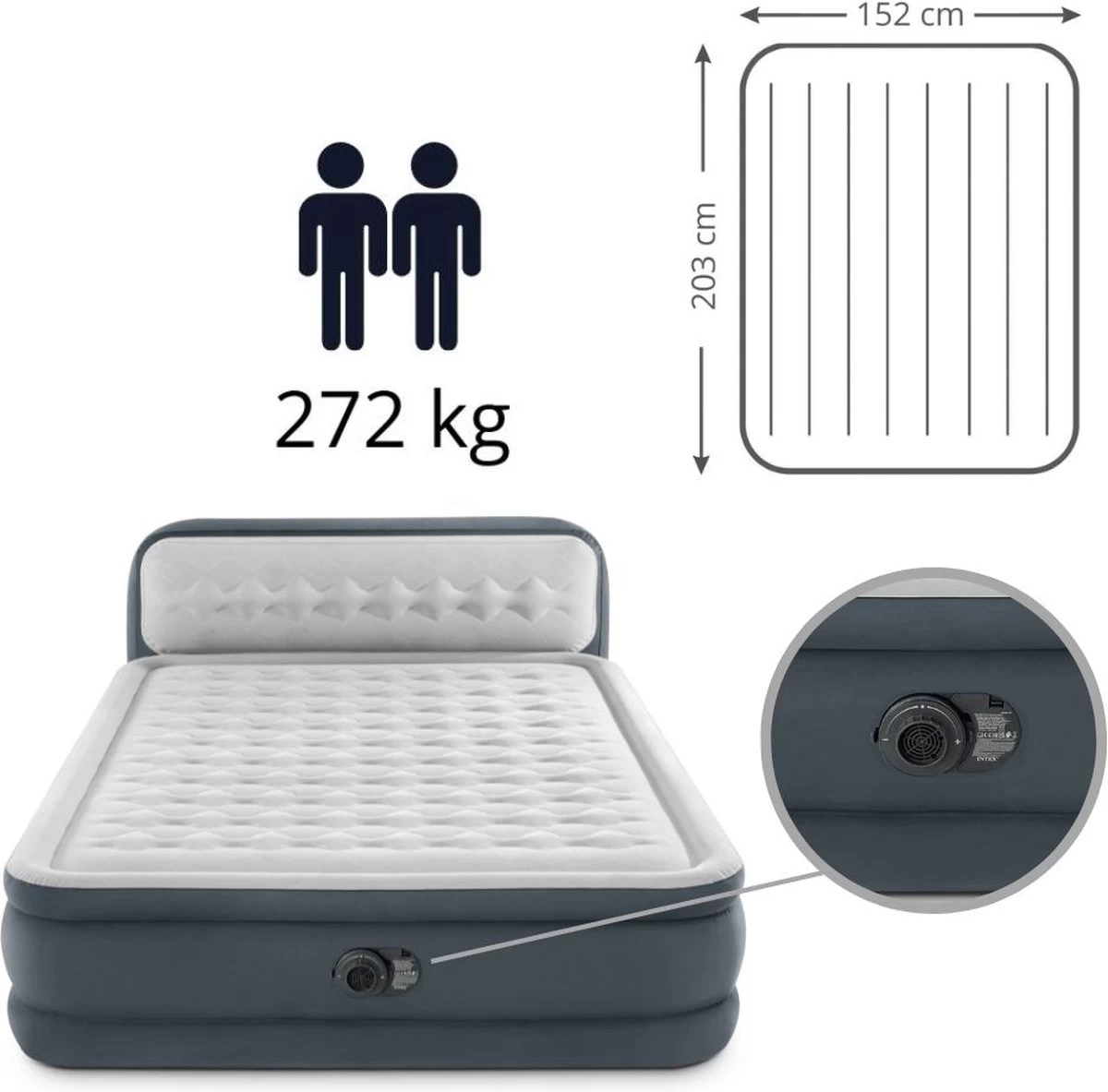 Intex 64448 - Queen Deluxe Ultra-Plush Zelfopblazend 2-persoons Luchtbed Met Hoofdboord (203x152x46cm) 10 Intex 64448 - Queen Deluxe Ultra-Plush Zelfopblazend 2-persoons Luchtbed Met Hoofdboord (203x152x46cm) - Afbeelding 10