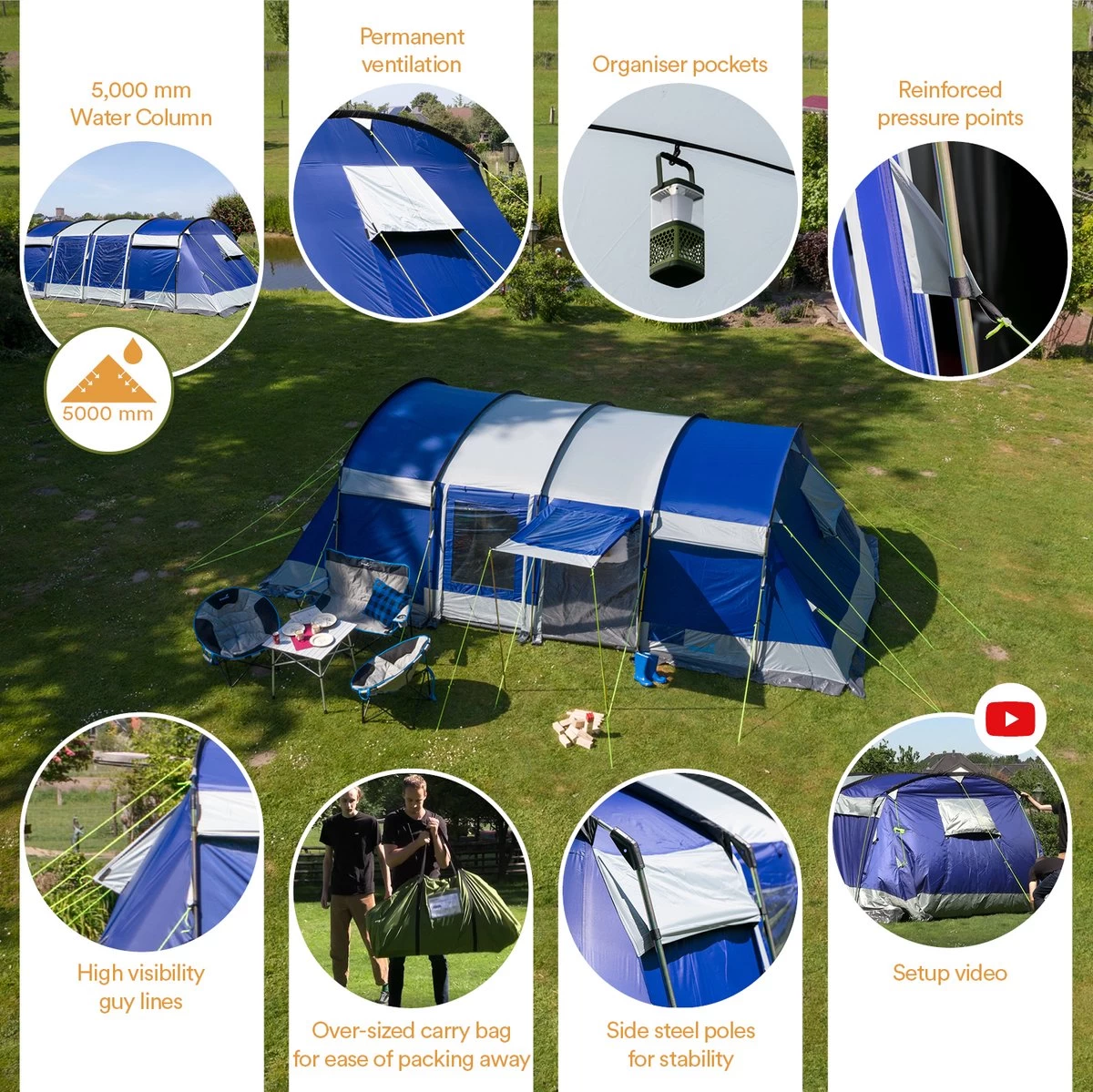 Skandika Montana 8 Sleeper Tent – Tunneltent – 8 Persoons Familietent - Campingtent – Sleeper Technology (2 Tot 4 Extra Donkere Slaapcabines) – Ingenaaide Tentvloer - Muggengaas – 700 X 310 X 200 Cm (LxBxH) – 5000mm Waterkolom – Kamperen – Blauw/wit 3 Skandika Montana 8 Sleeper Tent – Tunneltent – 8 Persoons Familietent - Campingtent – Sleeper Technology (2 Tot 4 Extra Donkere Slaapcabines) – Ingenaaide Tentvloer - Muggengaas – 700 X 310 X 200 Cm (LxBxH) – 5000mm Waterkolom – Kamperen – Blauw/wit - Afbeelding 3
