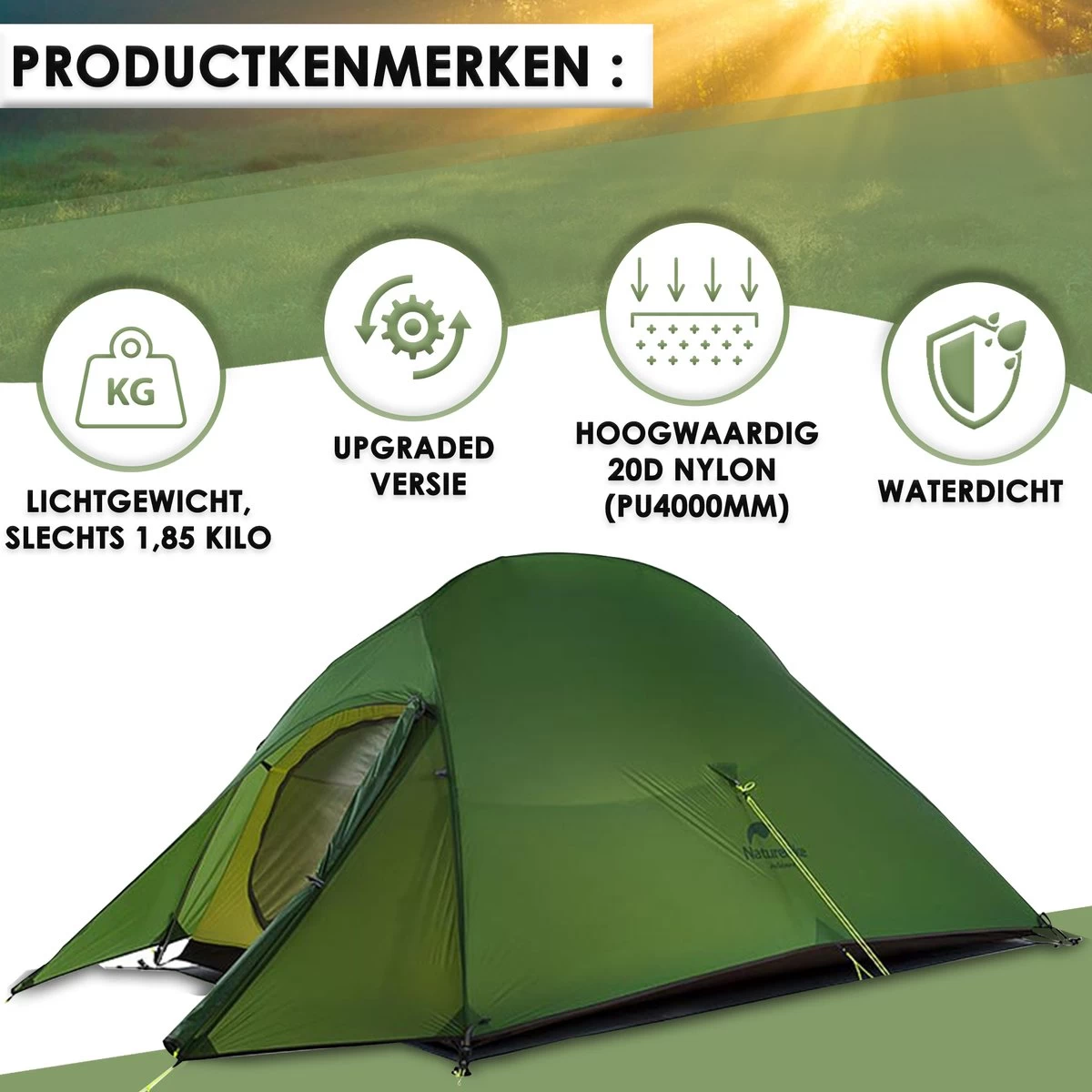 Cloud Up 3 Upgraded - Naturehike® - Tent 3 Persoons - Lichtgewicht Tent - Incl. Grondzeil - 20D 4000MM - Outdoor Kampeertent - Waterdicht - Hiking & Wandelen 3 Cloud Up 3 Upgraded - Naturehike® - Tent 3 Persoons - Lichtgewicht Tent - Incl. Grondzeil - 20D 4000MM - Outdoor Kampeertent - Waterdicht - Hiking & Wandelen - Afbeelding 3