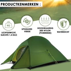 Naturehike® Cloud Up 2 Upgraded - 2 Persoons Tent - Lichtgewicht Tent - Incl. Grondzeil - 20D 4000MM - Outdoor - Waterdicht - Hiking & Wandelen -Kampeerclub 1200x1200 1505
