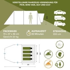 Skandika Pitea XL UP Tent – Koepeltenten - Autotent – 4 Persoons Campingtent Voor SUV, Caddy, Auto, CUV – Vrijstaand – Met/zonder Slaapcabine – Max. Stahoogte 200 Cm – Waterdicht Met 3000mm Waterkolom - 515 X 300 X 200 Cm (LxBxH) – Kamperen - Grijs -Kampeerclub 1200x1200 1511