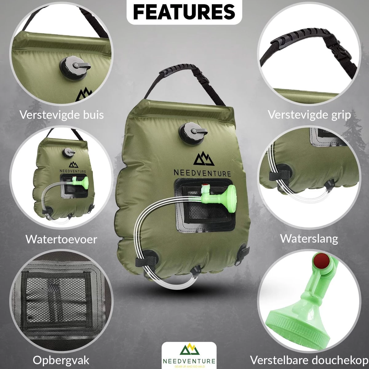Needventure Solar Douche - Camping Douchezak - Buiten Douche - Tuindouche - Inclusief Thermometer - Waterzak Met Douchekop - 20L - Groen 2 Needventure Solar Douche - Camping Douchezak - Buiten Douche - Tuindouche - Inclusief Thermometer - Waterzak Met Douchekop - 20L - Groen - Afbeelding 2