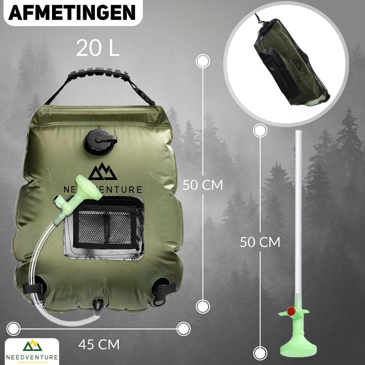 Needventure Solar Douche - Camping Douchezak - Buiten Douche - Tuindouche - Inclusief Thermometer - Waterzak Met Douchekop - 20L - Groen 3 Needventure Solar Douche - Camping Douchezak - Buiten Douche - Tuindouche - Inclusief Thermometer - Waterzak Met Douchekop - 20L - Groen - Afbeelding 3