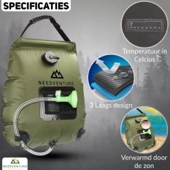 Needventure Solar Douche - Camping Douchezak - Buiten Douche - Tuindouche - Inclusief Thermometer - Waterzak Met Douchekop - 20L - Groen 12 Needventure Solar Douche - Camping Douchezak - Buiten Douche - Tuindouche - Inclusief Thermometer - Waterzak Met Douchekop - 20L - Groen -Kampeerclub 1200x1200 1723