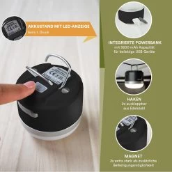 Skandika Campinglamp Tarfala – Tentlampen – Campinglampen – Kampeerlamp – Tentlamp Oplaadbaar, Traploos Dimbaar, Ophanghaak, USB Aansluiting – 3600 MAh Powerbank – Warm Wit, Koel Wit, 110 H Batterij – Tentlamp Buiten – Energieklasse A ++ - Zwart -Kampeerclub 1200x1200 1828