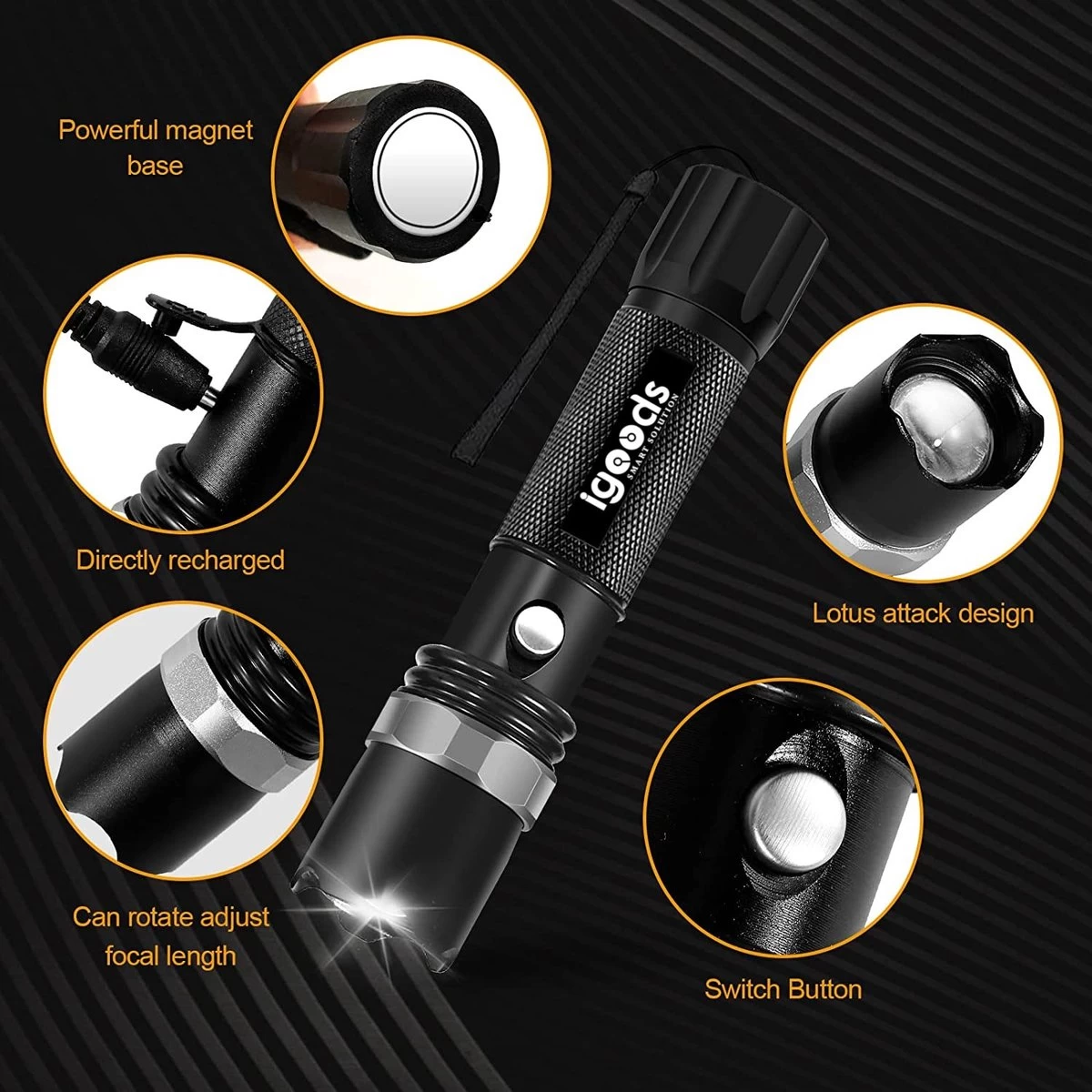 Igoods LED Zaklamp Oplaadbaar - Militaire Flashlight 2 Igoods LED Zaklamp Oplaadbaar - Militaire Flashlight - Afbeelding 2