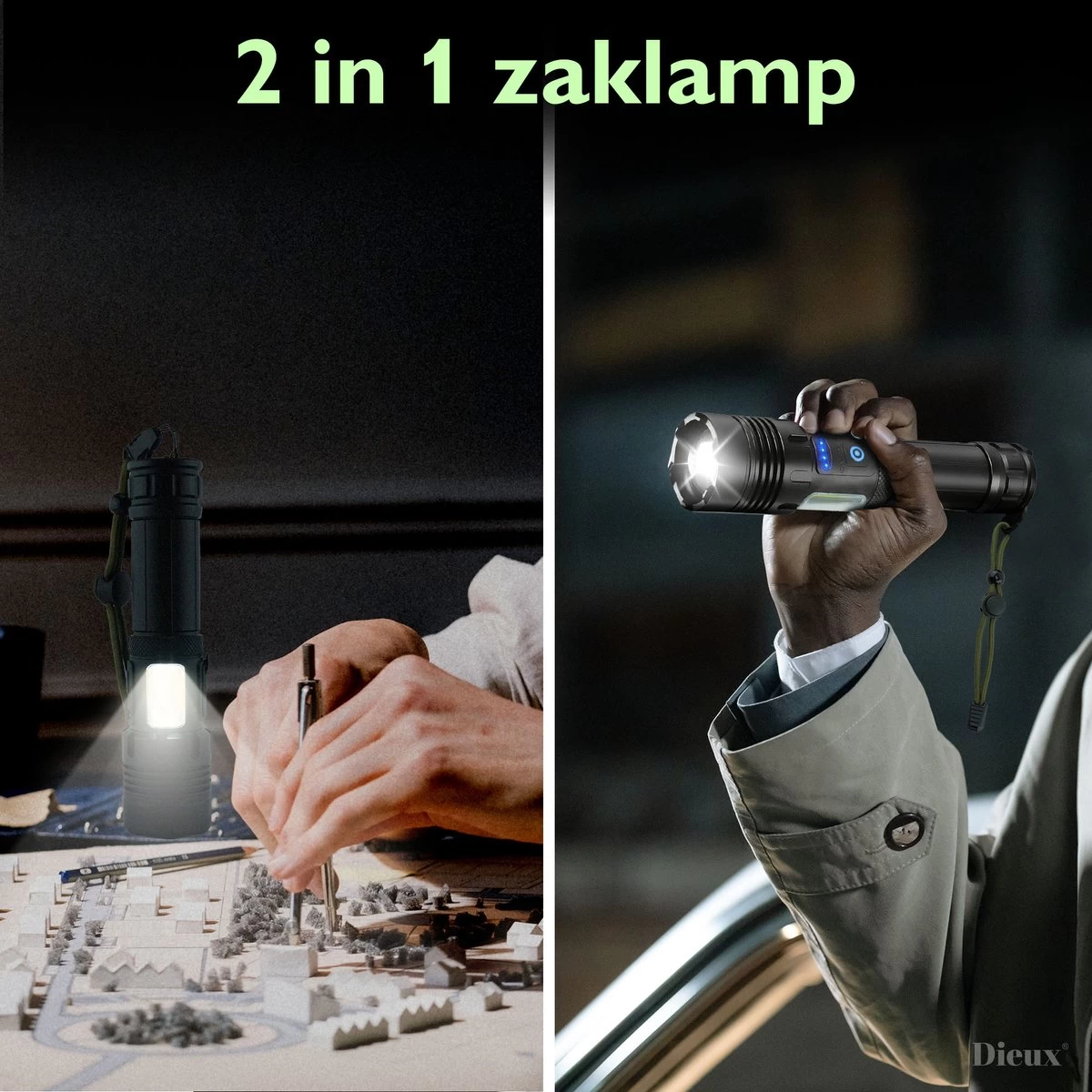 Dieux - Militaire Led Zaklamp - Oplaadbaar - IP44 Waterdicht En Schokbestendig - 7 Lichtstanden - Opbergbox - Outdoor Kamperen - Survival - Gadgets - Pasen 2 Dieux - Militaire Led Zaklamp - Oplaadbaar - IP44 Waterdicht En Schokbestendig - 7 Lichtstanden - Opbergbox - Outdoor Kamperen - Survival - Gadgets - Pasen - Afbeelding 2