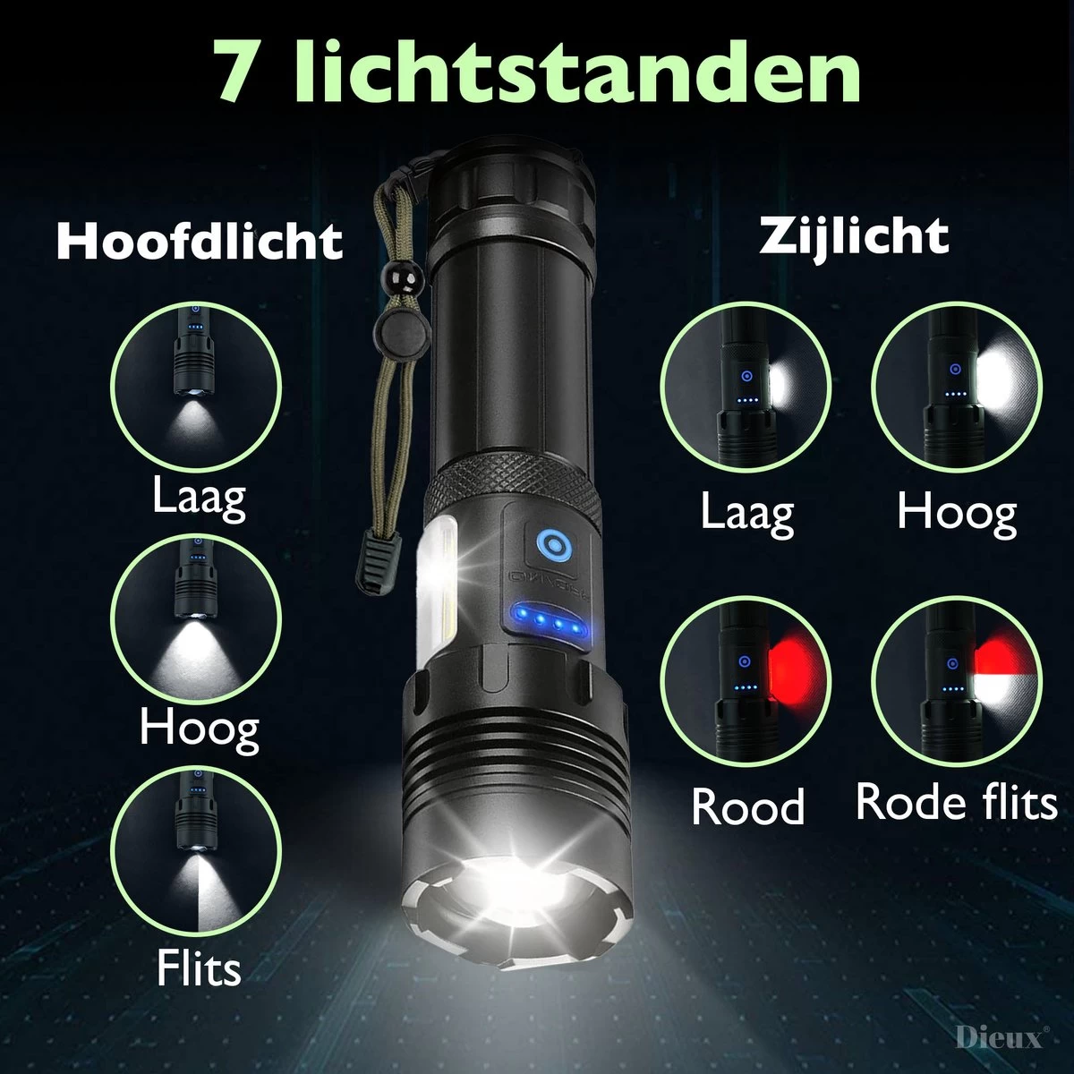 Dieux - Militaire Led Zaklamp - Oplaadbaar - IP44 Waterdicht En Schokbestendig - 7 Lichtstanden - Opbergbox - Outdoor Kamperen - Survival - Gadgets - Pasen 4 Dieux - Militaire Led Zaklamp - Oplaadbaar - IP44 Waterdicht En Schokbestendig - 7 Lichtstanden - Opbergbox - Outdoor Kamperen - Survival - Gadgets - Pasen - Afbeelding 4