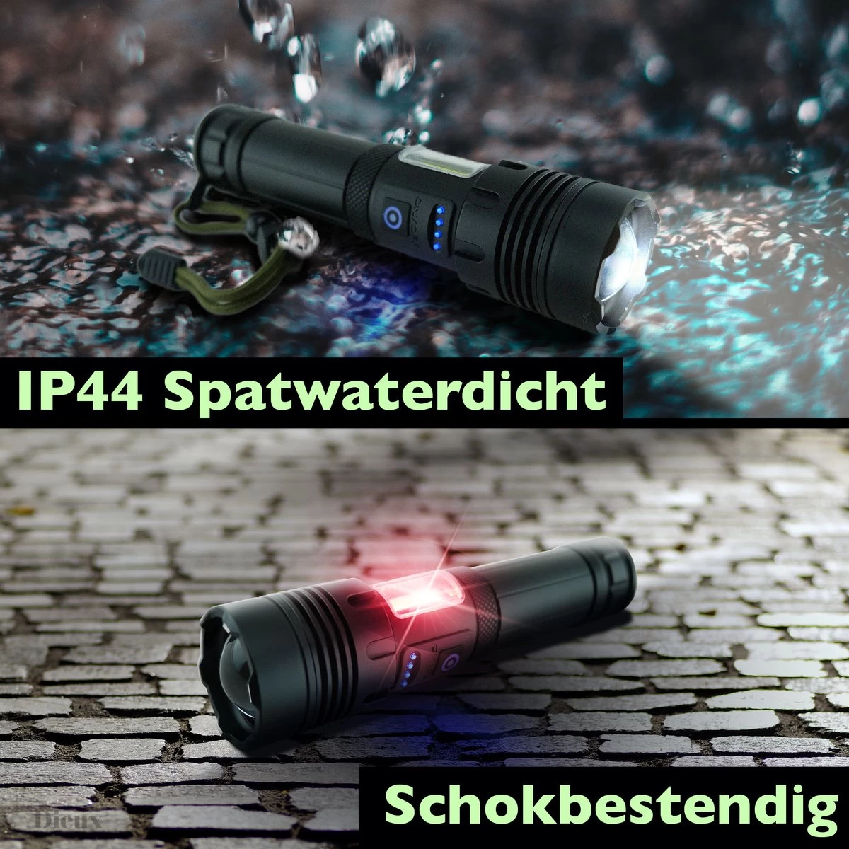 Dieux - Militaire Led Zaklamp - Oplaadbaar - IP44 Waterdicht En Schokbestendig - 7 Lichtstanden - Opbergbox - Outdoor Kamperen - Survival - Gadgets - Pasen 6 Dieux - Militaire Led Zaklamp - Oplaadbaar - IP44 Waterdicht En Schokbestendig - 7 Lichtstanden - Opbergbox - Outdoor Kamperen - Survival - Gadgets - Pasen - Afbeelding 6