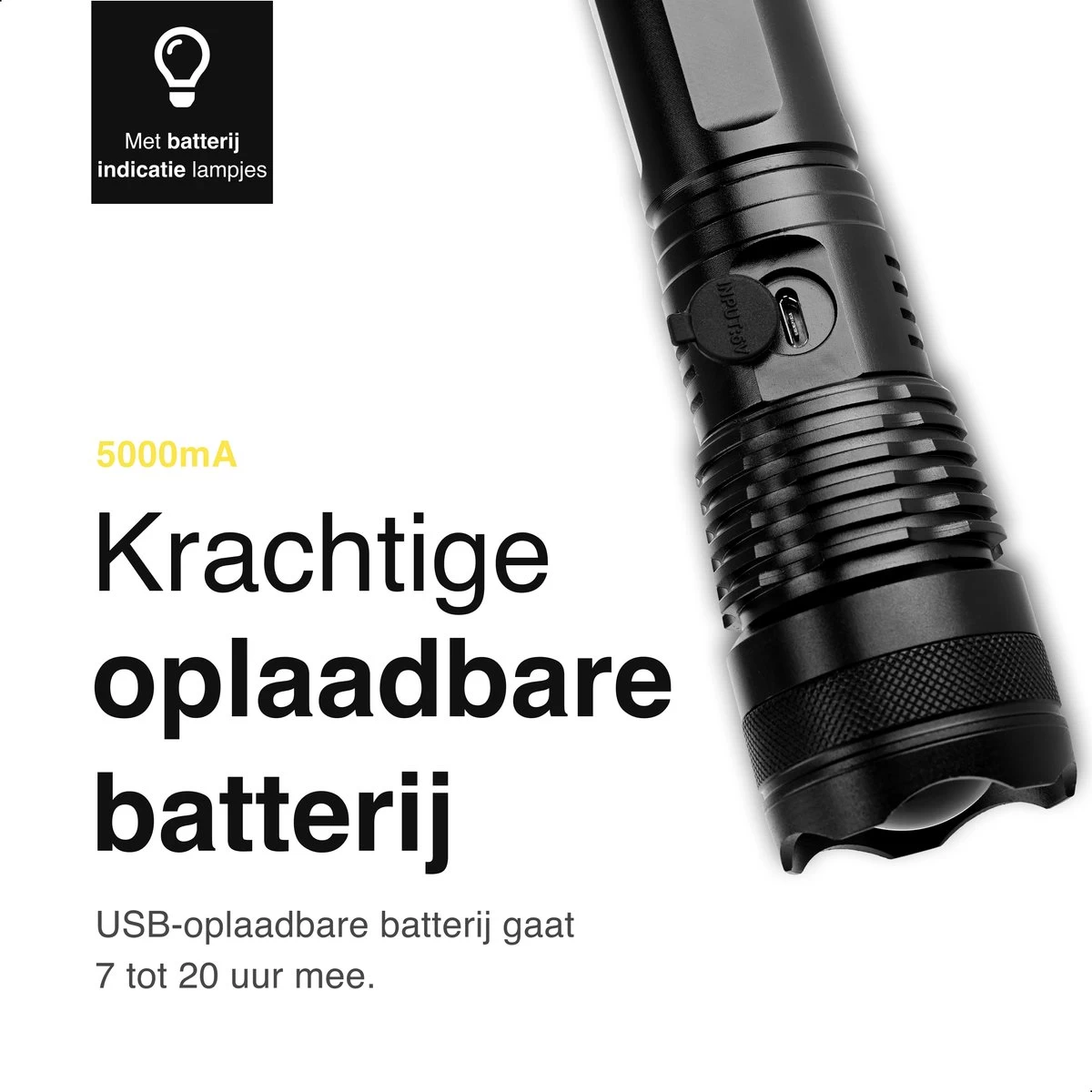 Vivid Green Militaire LED Zaklamp - Oplaadbaar - 2500 Lumen - 5000mAh - Zwart 3 Vivid Green Militaire LED Zaklamp - Oplaadbaar - 2500 Lumen - 5000mAh - Zwart - Afbeelding 3