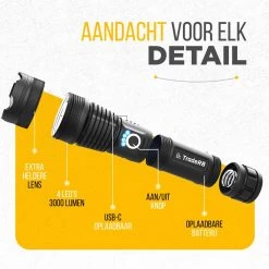 TradeRB® Militaire LED Zaklamp - USB Oplaadbare Zaklamp - Inclusief 5000 MAh Batterij - 20 Branduren - Zoomfunctie - Telescopische Lens - 3000 Lumen - Aluminium - Zwart -Kampeerclub 1200x1200 2098